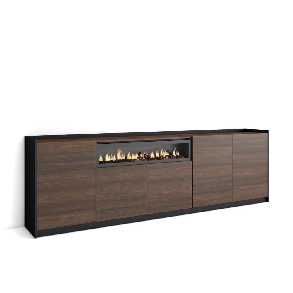 Buffet effet bois de chêne foncé noir 263x37x80cm cheminée effet feu