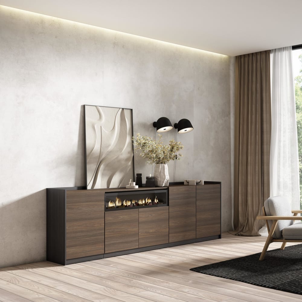 Skraut home Sideboard Holzeffekt Eiche schwarz 263x37x80cm Kamin mit Feuereffekt style modern Braun Spanplatte