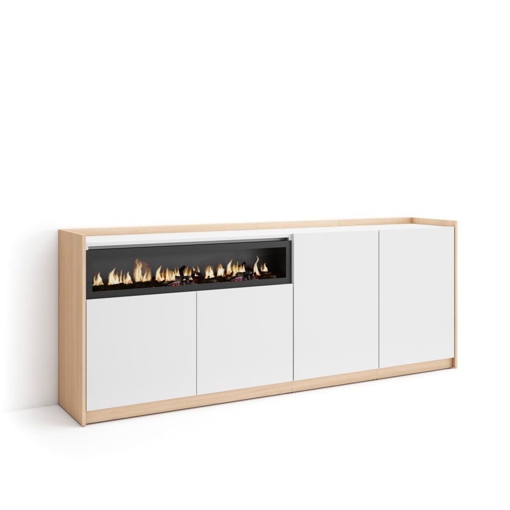 Buffet effet bois blanc et chêne 210x37x80cm cheminée effet feu