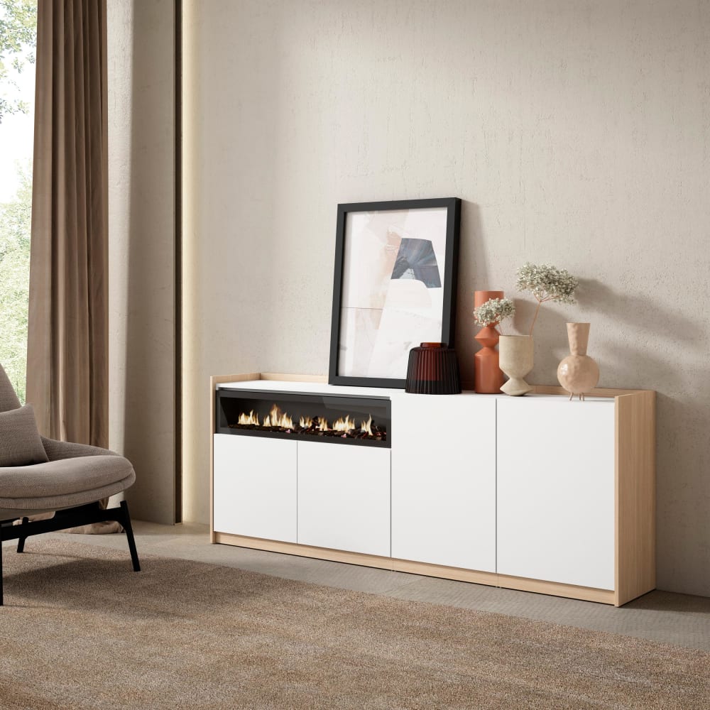 Skraut home Sideboard Holzeffekt weiß soft eiche 210x37cm Kamin mit Feuereffekt style modern - Spanplatte