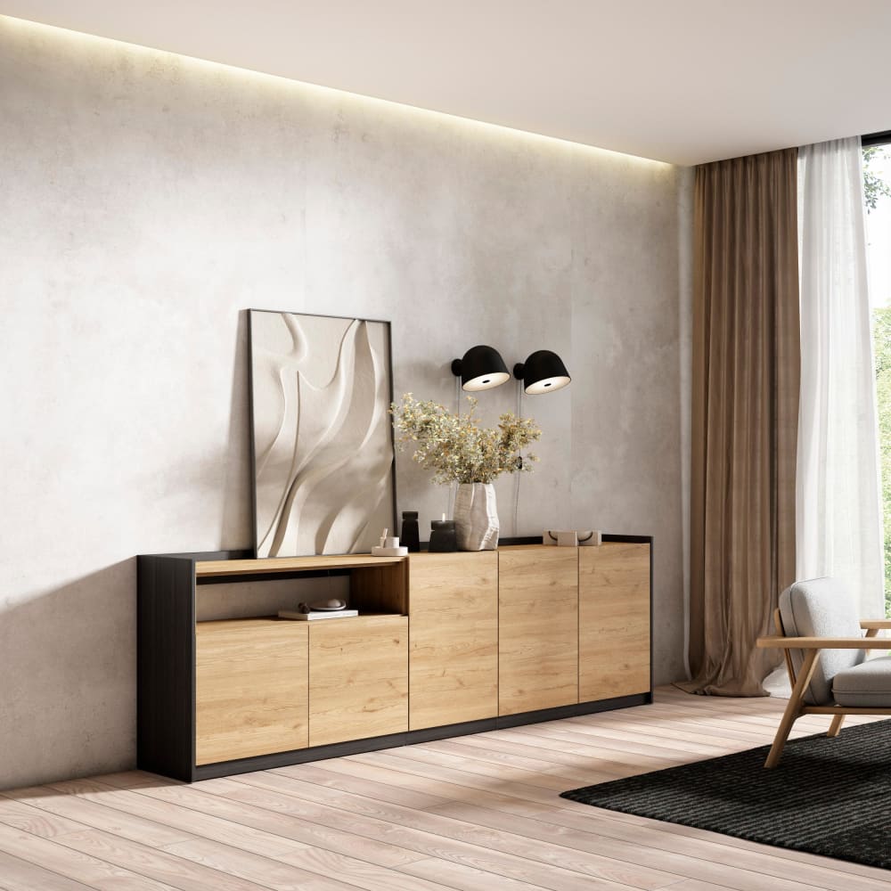 Skraut home Sideboard Holzeffekt eiche und schwarz 263x37x80cm style modern Beige Spanplatte