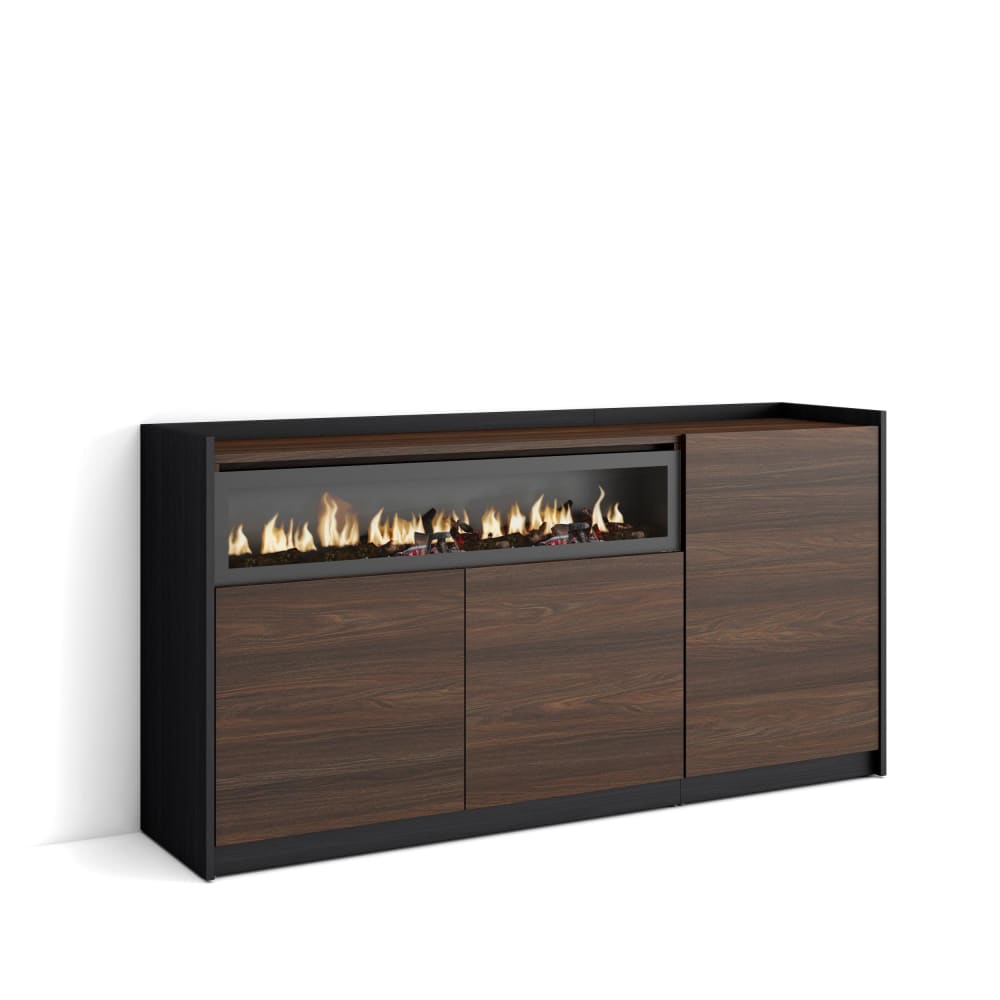 Buffet effet bois de chêne foncé noir 156x37x80cm cheminée effet feu