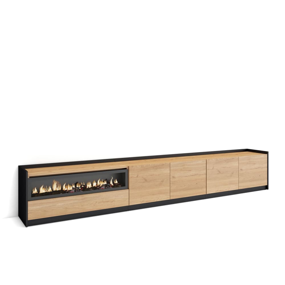 Meuble tv effet bois de chêne et noir 310x37x50cm cheminée effet feu