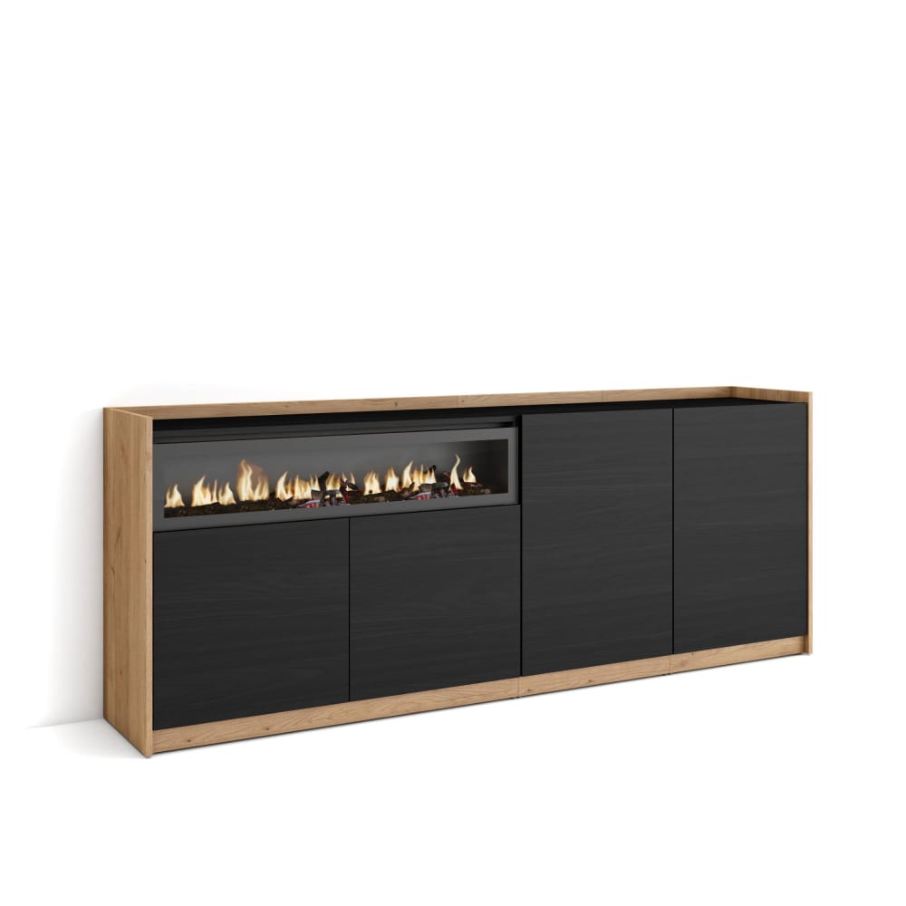 Buffet effet bois noir et chêne 207x37x80cm cheminée effet feu