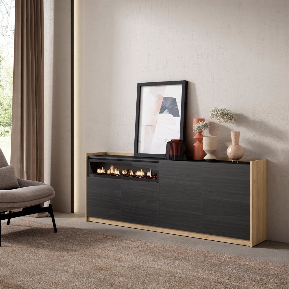 Skraut home Sideboard Holzeffekt schwarz eiche 210x37x80cm Kamin mit Feuereffekt style modern - Spanplatte