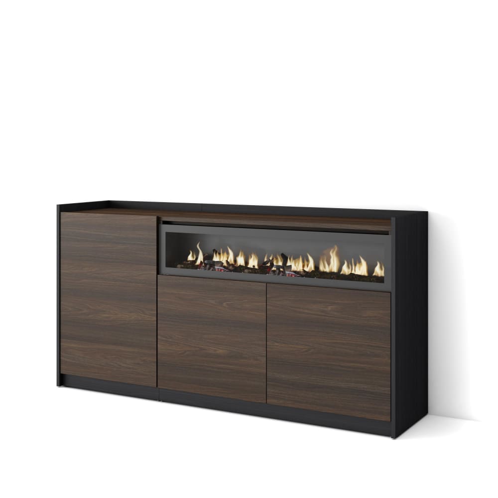 Buffet effet bois de chêne foncé noir 156x37x80cm cheminée effet feu