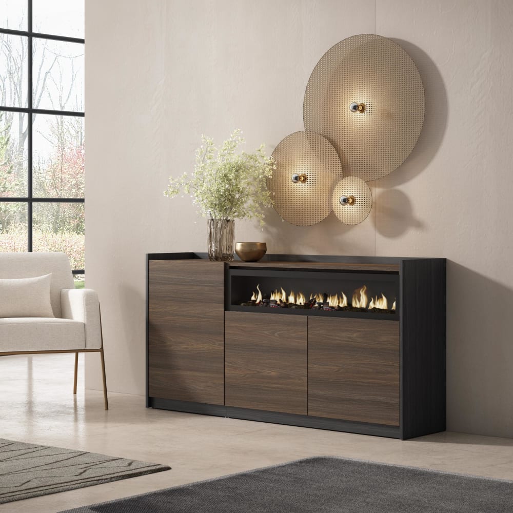 Skraut home Sideboard Holzeffekt Eiche schwarz 157x37x80cm Kamin mit Feuereffekt style modern Braun Spanplatte