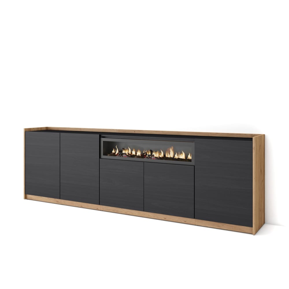Buffet effet bois noir et chêne 263x37x80cm cheminée effet feu