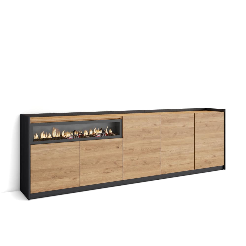 Buffet effet bois de chêne et noir 263x37x80cm cheminée effet feu