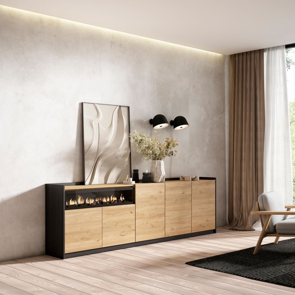 Skraut home Sideboard Holzeffekt eiche schwarz 263x37x80cm Kamin mit Feuereffekt style modern Beige Spanplatte