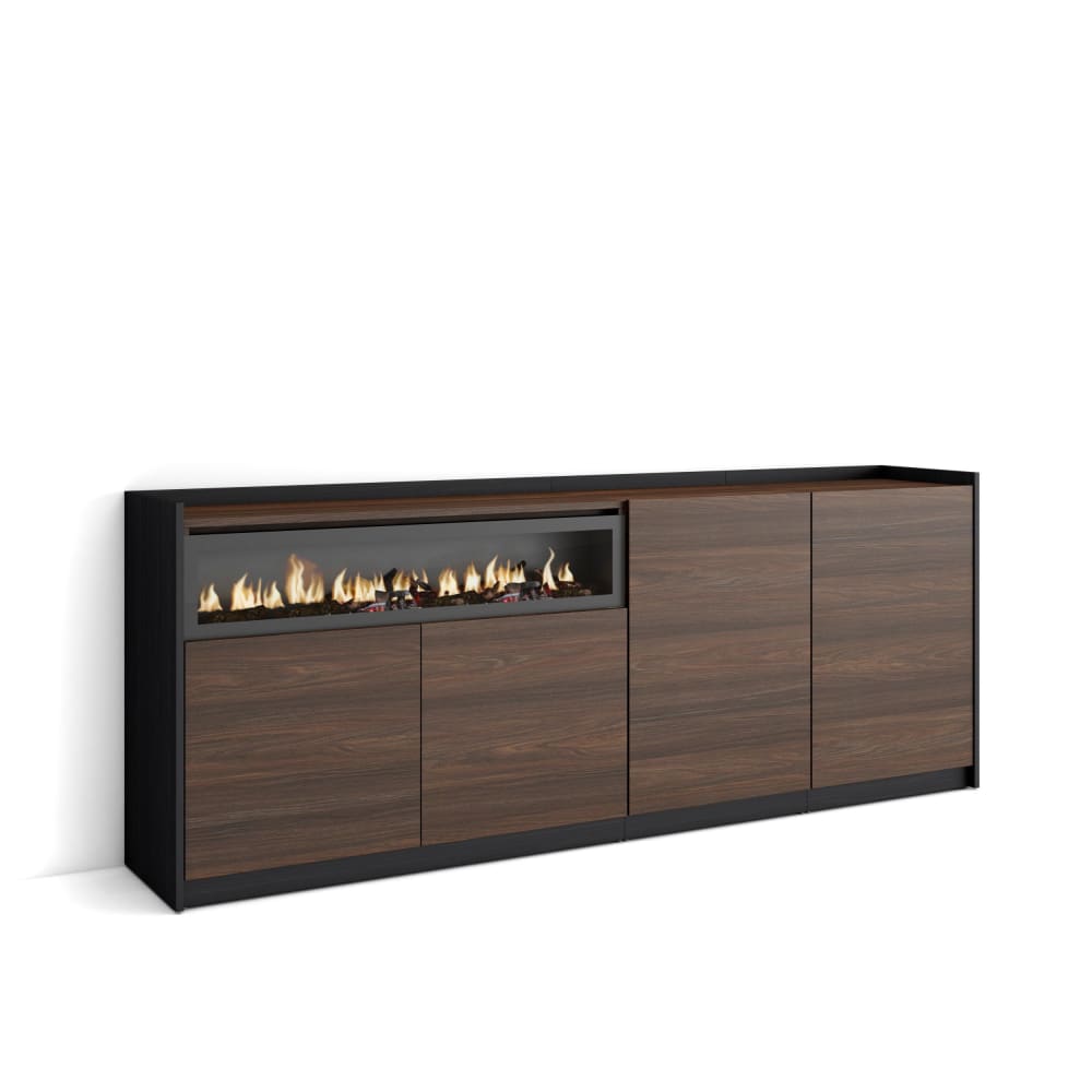 Buffet effet bois de chêne foncé noir 210x37x80cm cheminée effet feu