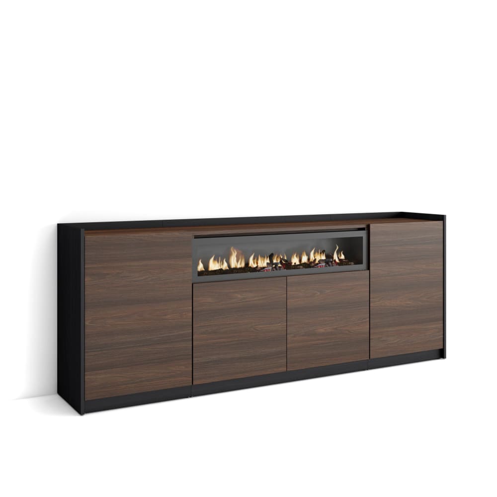Buffet effet bois de chêne foncé noir 210x37x80cm cheminée effet feu