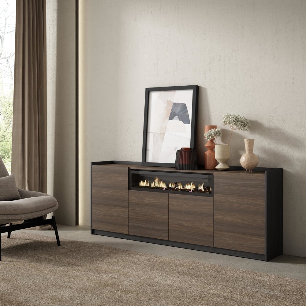 Buffet effet bois de chêne foncé noir 210x37x80cm cheminée effet feu