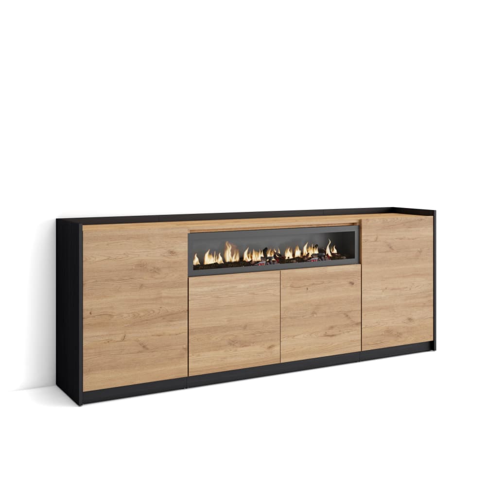 Buffet effet bois de chêne et noir 207x37x80cm cheminée effet feu