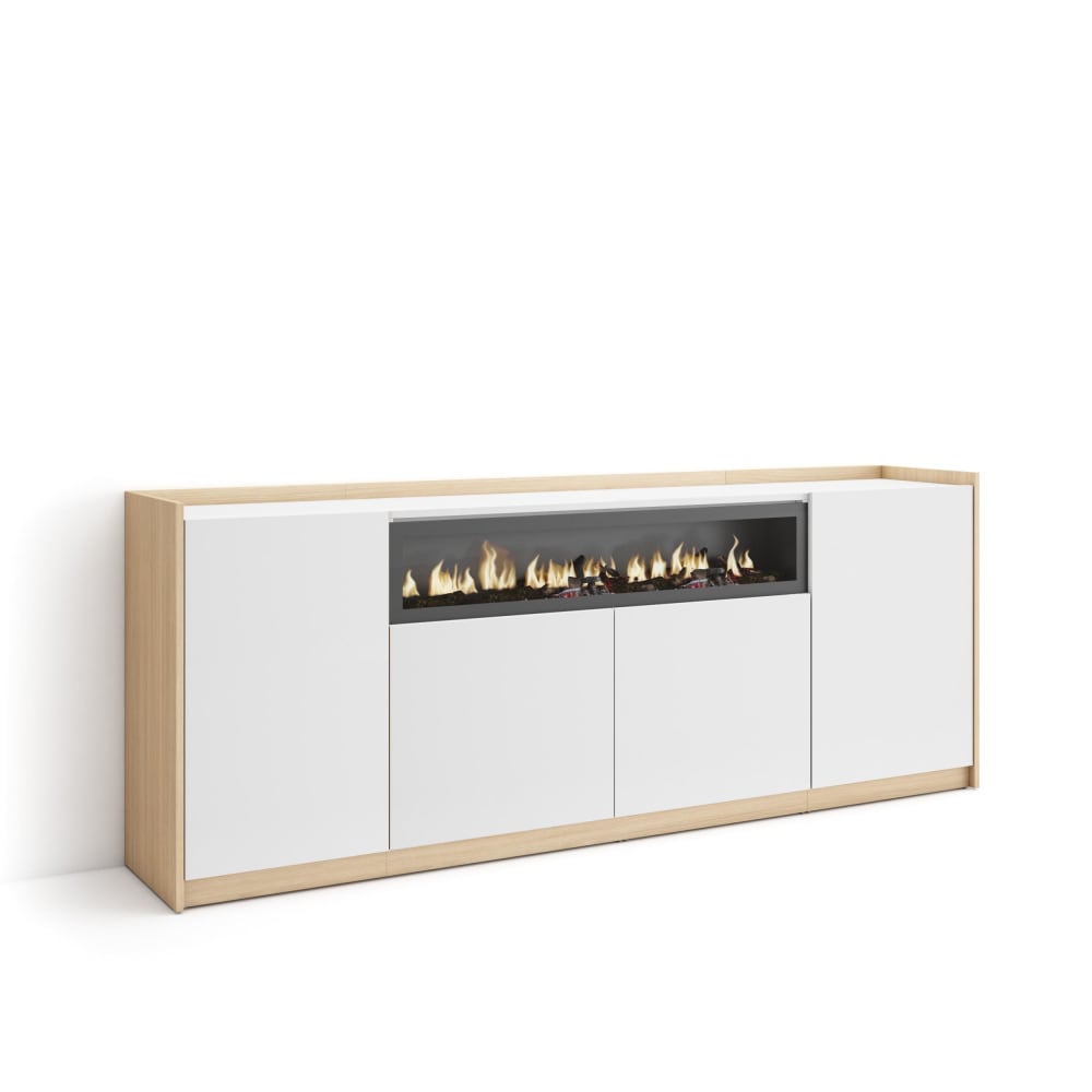 Buffet effet bois blanc et chêne 210x37x80cm cheminée effet feu
