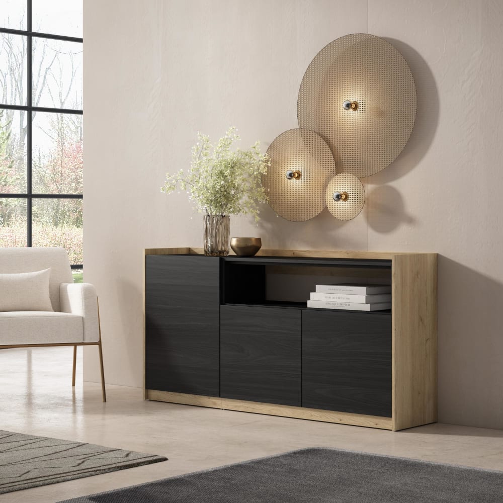 Skraut home Sideboard Holzeffekt schwarz und eiche 157x37x80cm style modern - Spanplatte