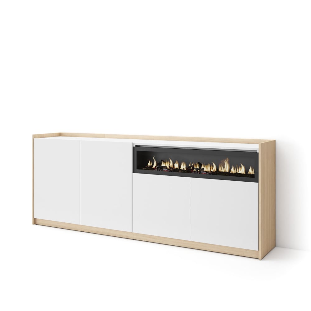 Buffet effet bois blanc et chêne 210x37x80cm cheminée effet feu