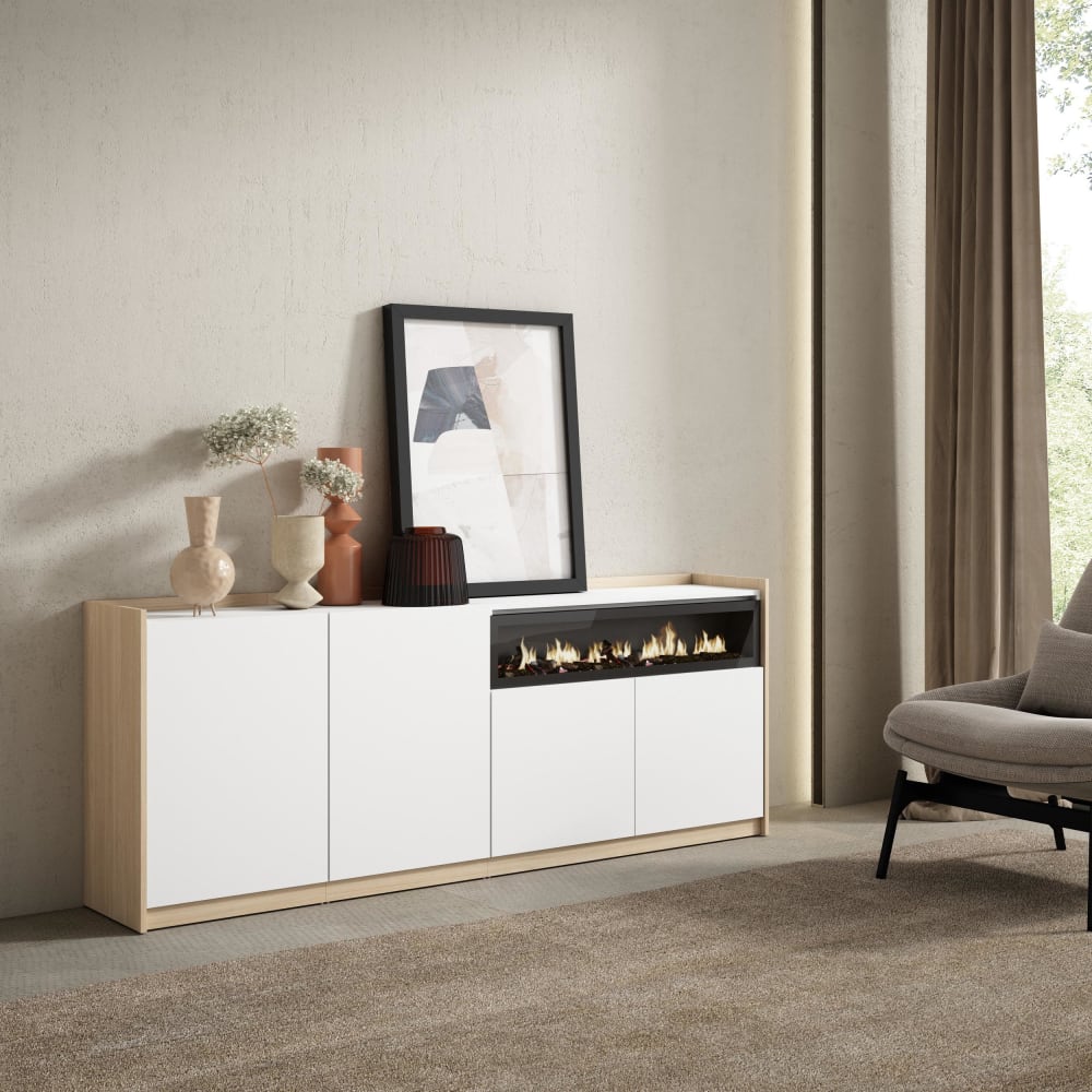 Skraut home Sideboard Holzeffekt weiß soft eiche 210x37cm Kamin mit Feuereffekt style modern - Spanplatte