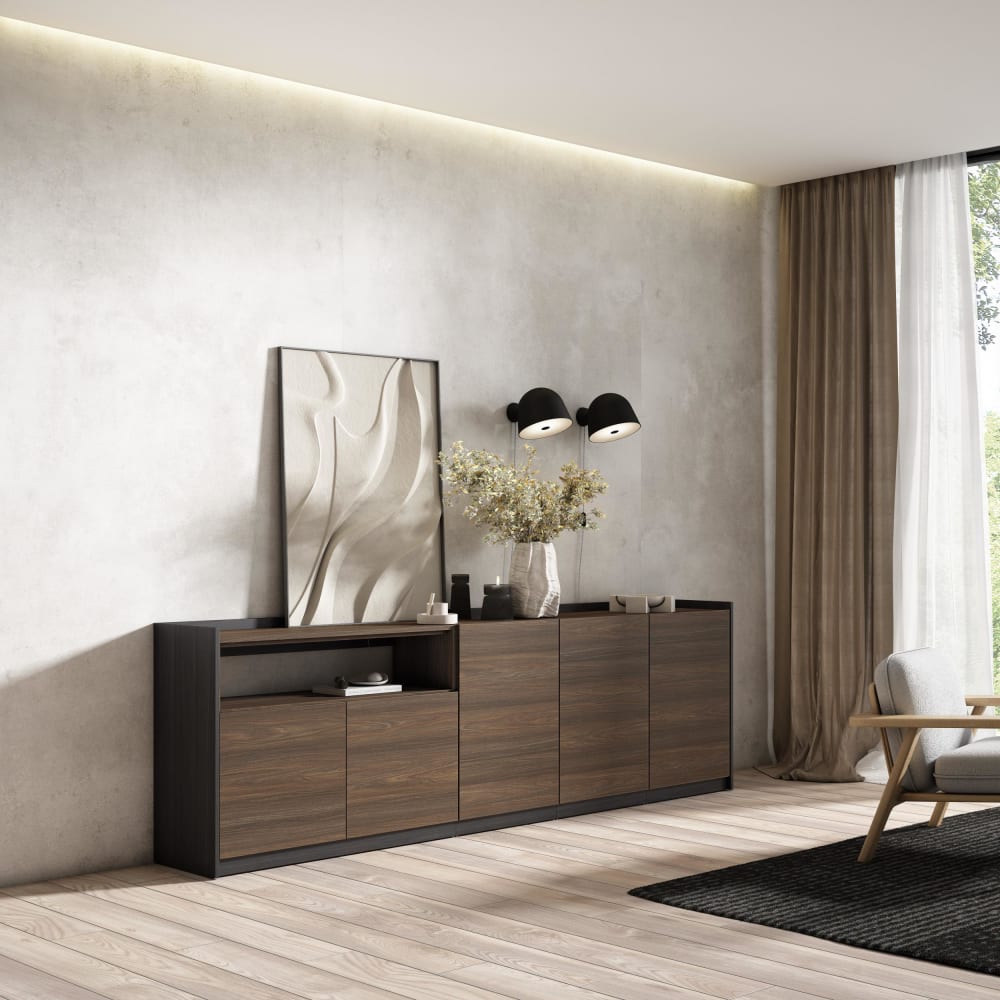 Skraut home Sideboard Holzeffekt dunkle Eiche und schwarz 263x37x80cm style modern Braun Spanplatte