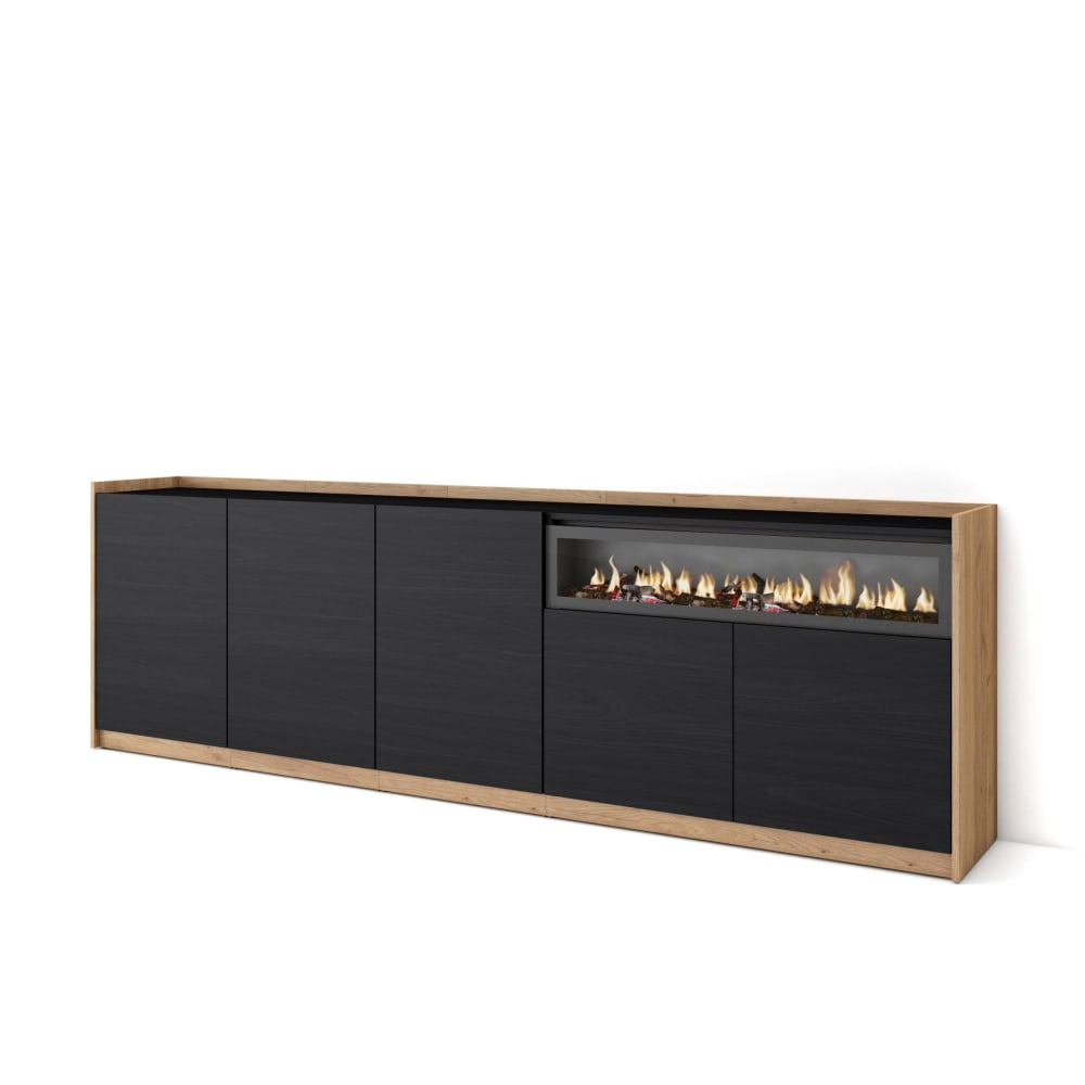 Buffet effet bois noir et chêne 263x37x80cm cheminée effet feu