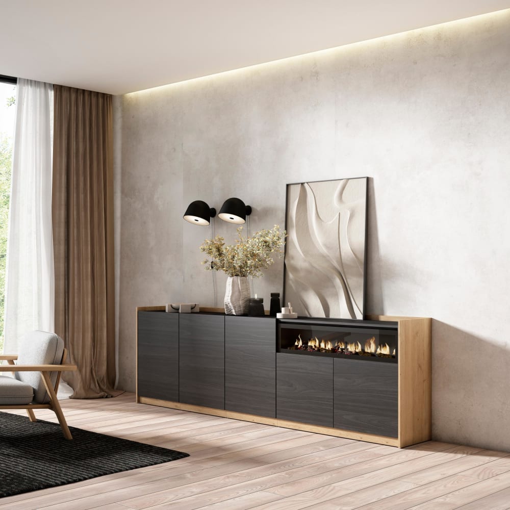 Skraut home Sideboard Holzeffekt schwarz eiche 263x37x80cm Kamin mit Feuereffekt style modern - Spanplatte
