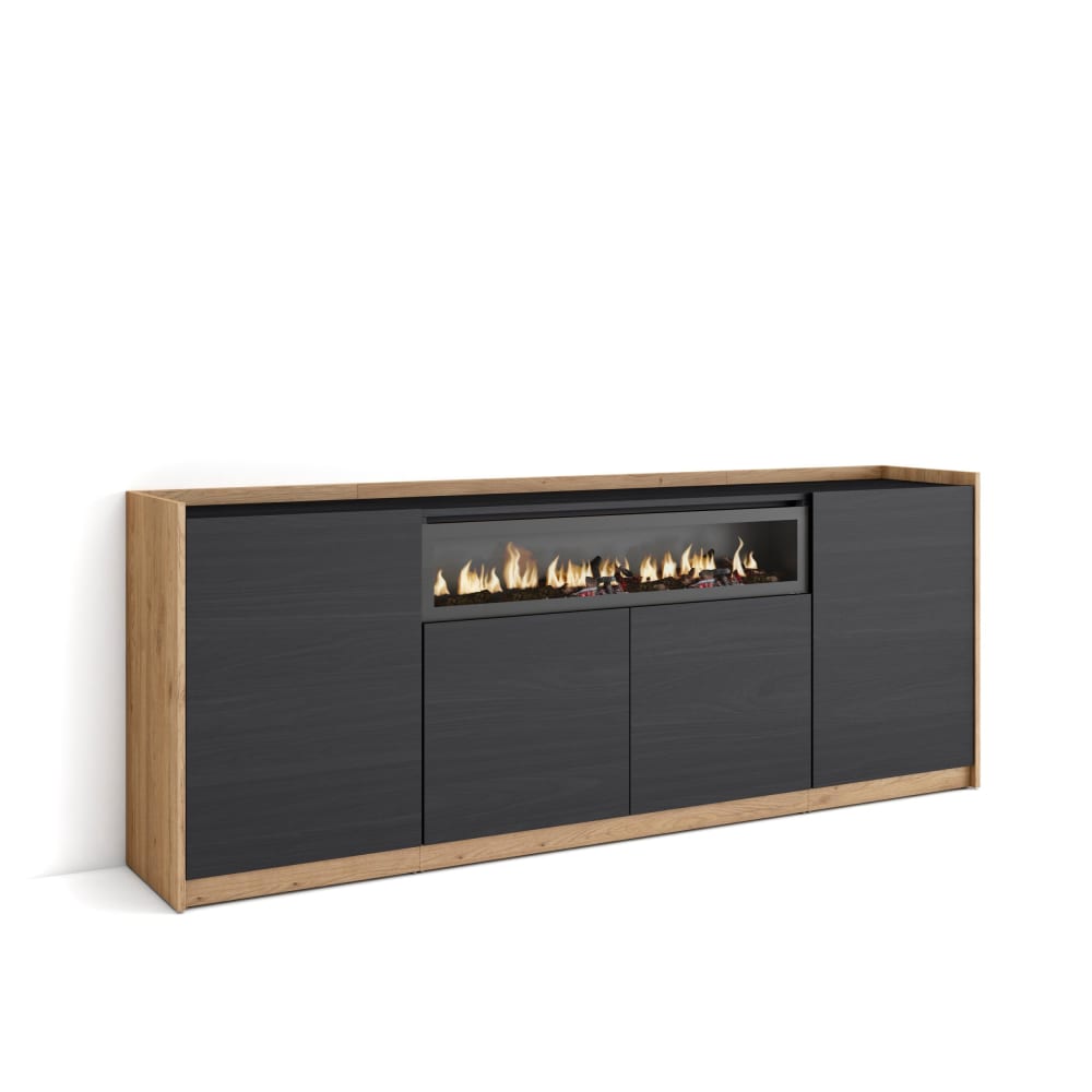 Buffet effet bois noir et chêne 210x37x80cm cheminée effet feu