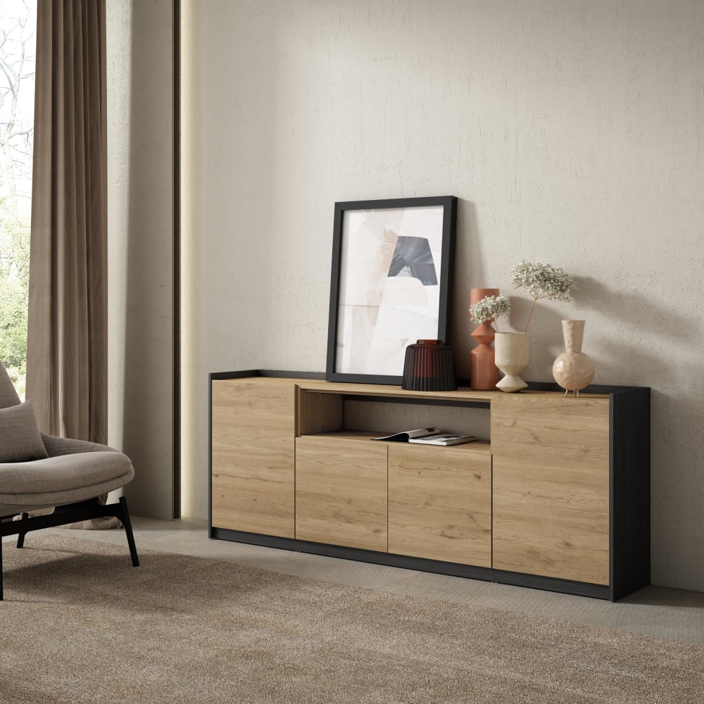 Skraut home Sideboard Holzeffekt eiche und schwarz 210x37x80cm style modern Beige Spanplatte