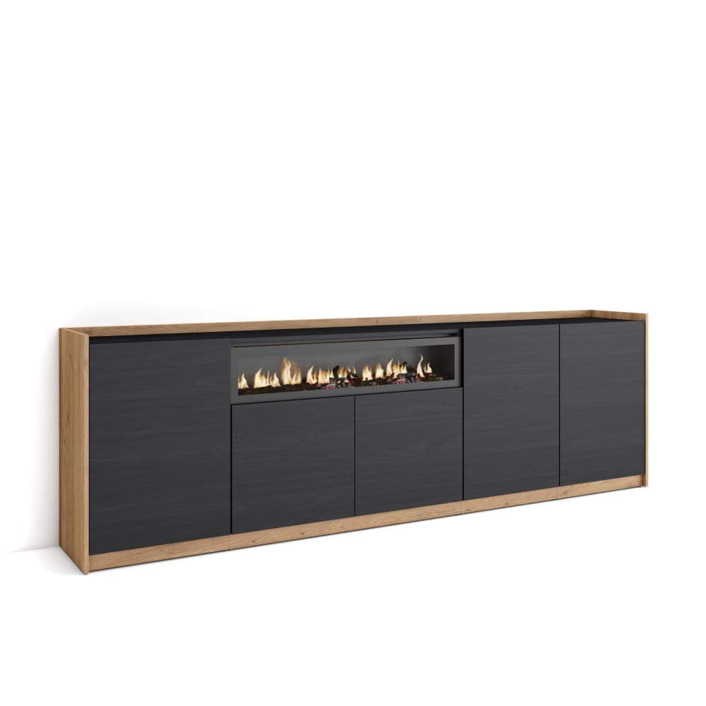 Buffet effet bois noir et chêne 263x37x80cm cheminée effet feu