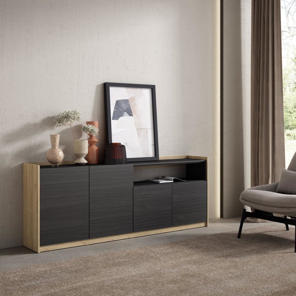 Skraut home Sideboard Holzeffekt schwarz und eiche 210x37x80cm style modern - Spanplatte