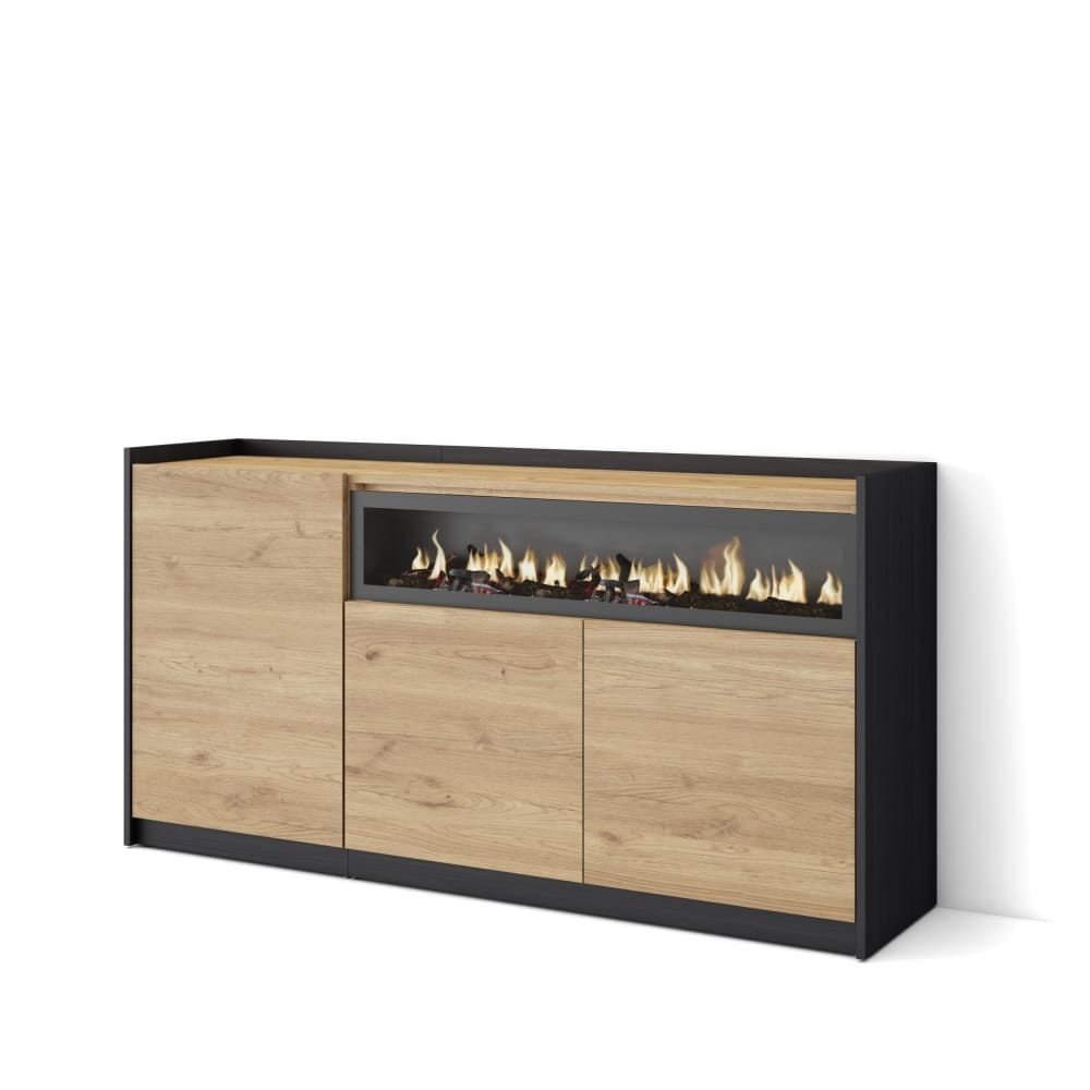 Buffet effet bois de chêne et noir 156x37x80cm cheminée effet feu