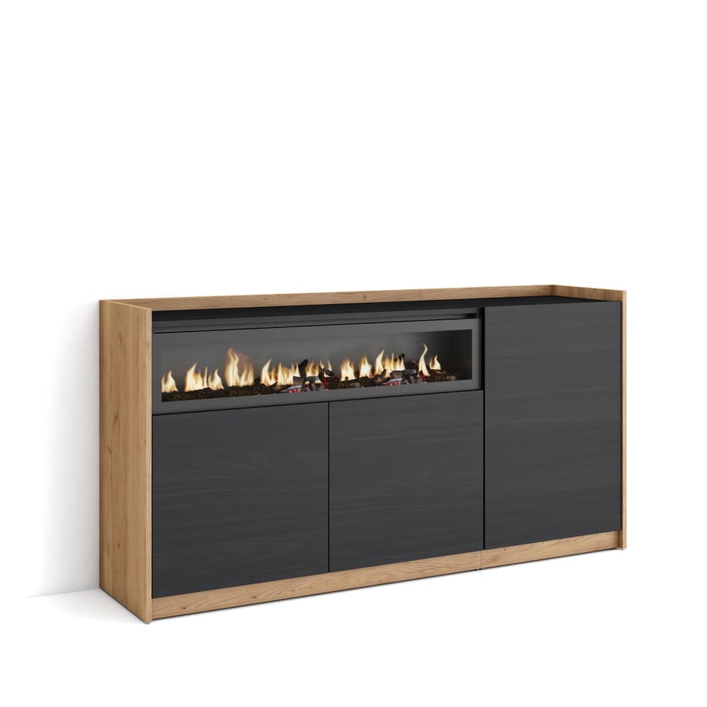 Buffet effet bois noir et chêne 157x37x80cm cheminée effet feu