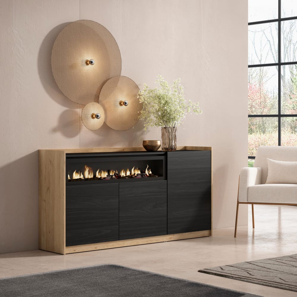 Skraut home Sideboard Holzeffekt schwarz eiche 157x37x80cm Kamin mit Feuereffekt style modern - Spanplatte