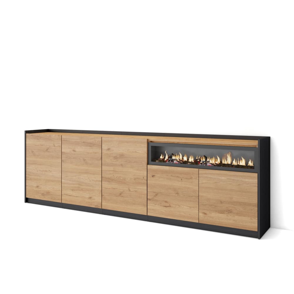 Buffet effet bois de chêne et noir 260x37x80cm cheminée effet feu