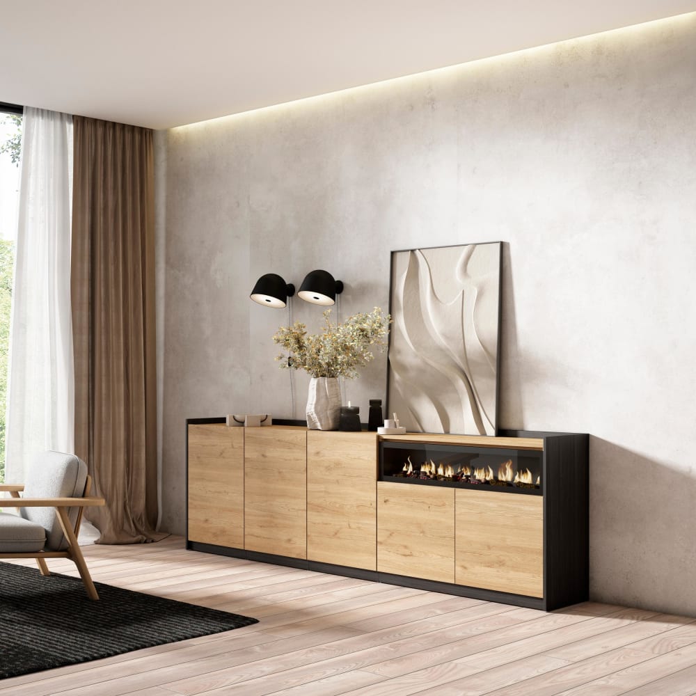 Skraut home Sideboard Holzeffekt eiche schwarz 263x37x80cm Kamin mit Feuereffekt style modern Beige Spanplatte