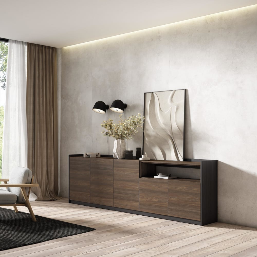 Skraut home Sideboard Holzeffekt dunkle Eiche und schwarz 263x37x80cm style modern Braun Spanplatte