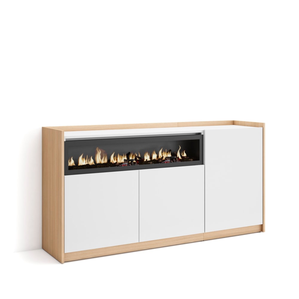 Buffet effet bois blanc et chêne 157x37x80cm cheminée effet feu