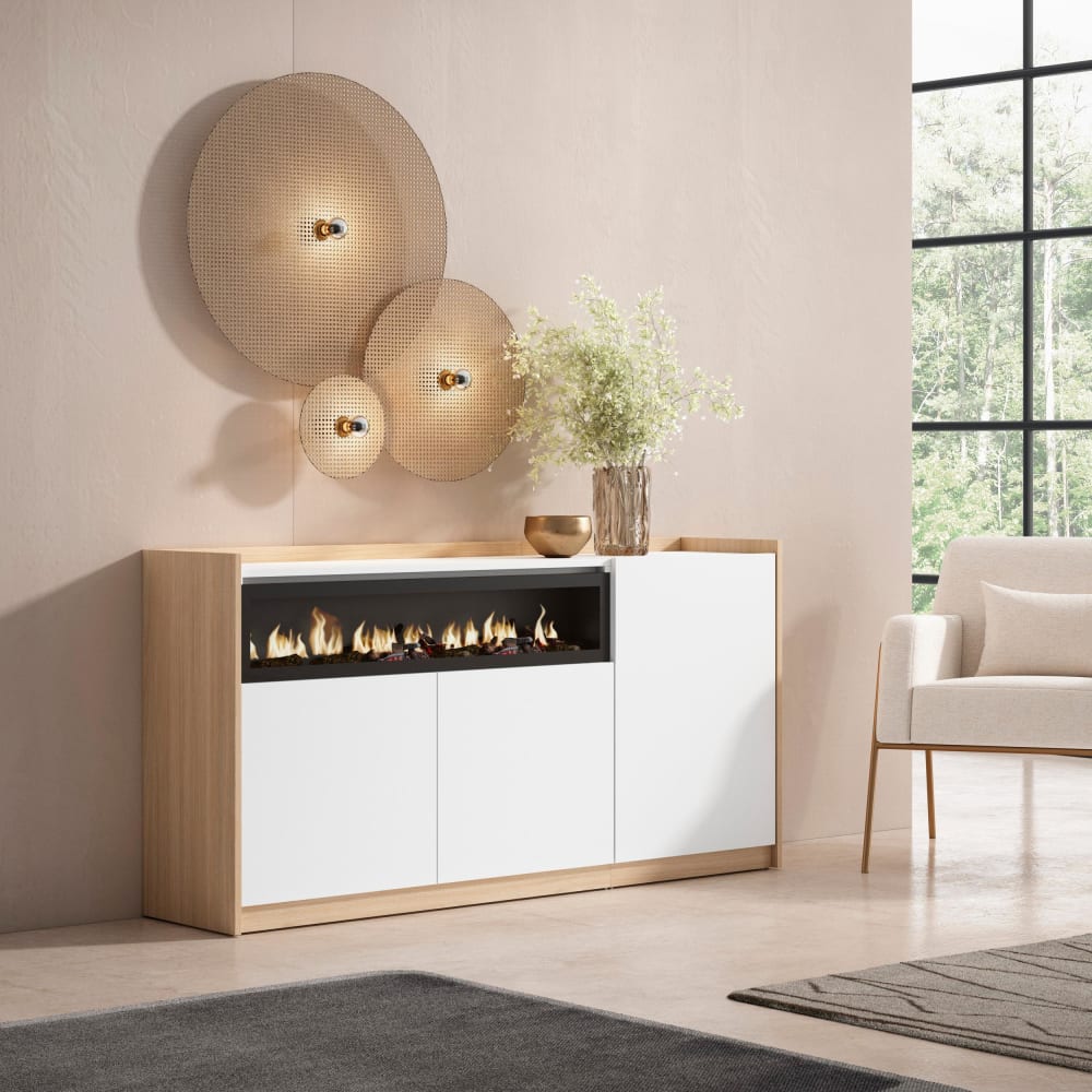 Skraut home Sideboard Holzeffekt weiß soft eiche 157x37cm Kamin mit Feuereffekt style modern - Spanplatte