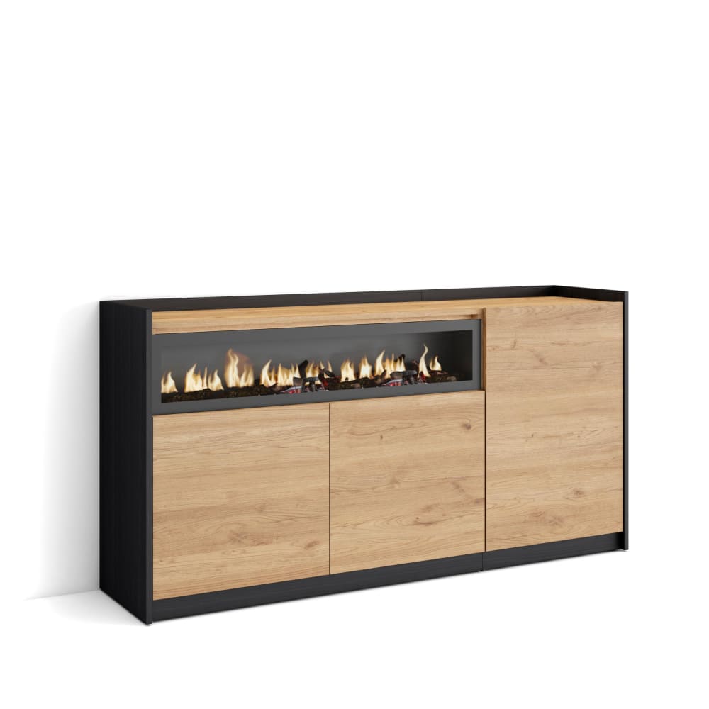 Buffet effet bois de chêne et noir 156x37x80cm cheminée effet feu