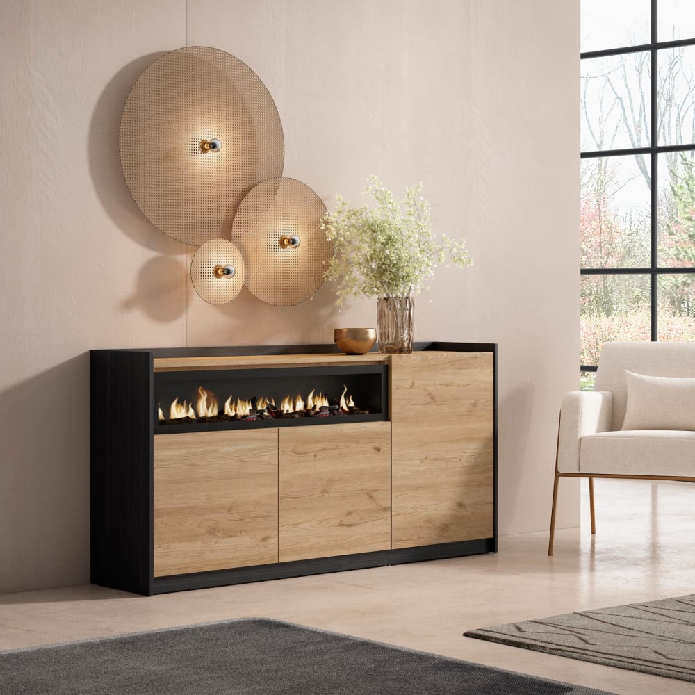 Skraut home Sideboard Holzeffekt eiche schwarz 157x37x80cm Kamin mit Feuereffekt style modern Beige Spanplatte