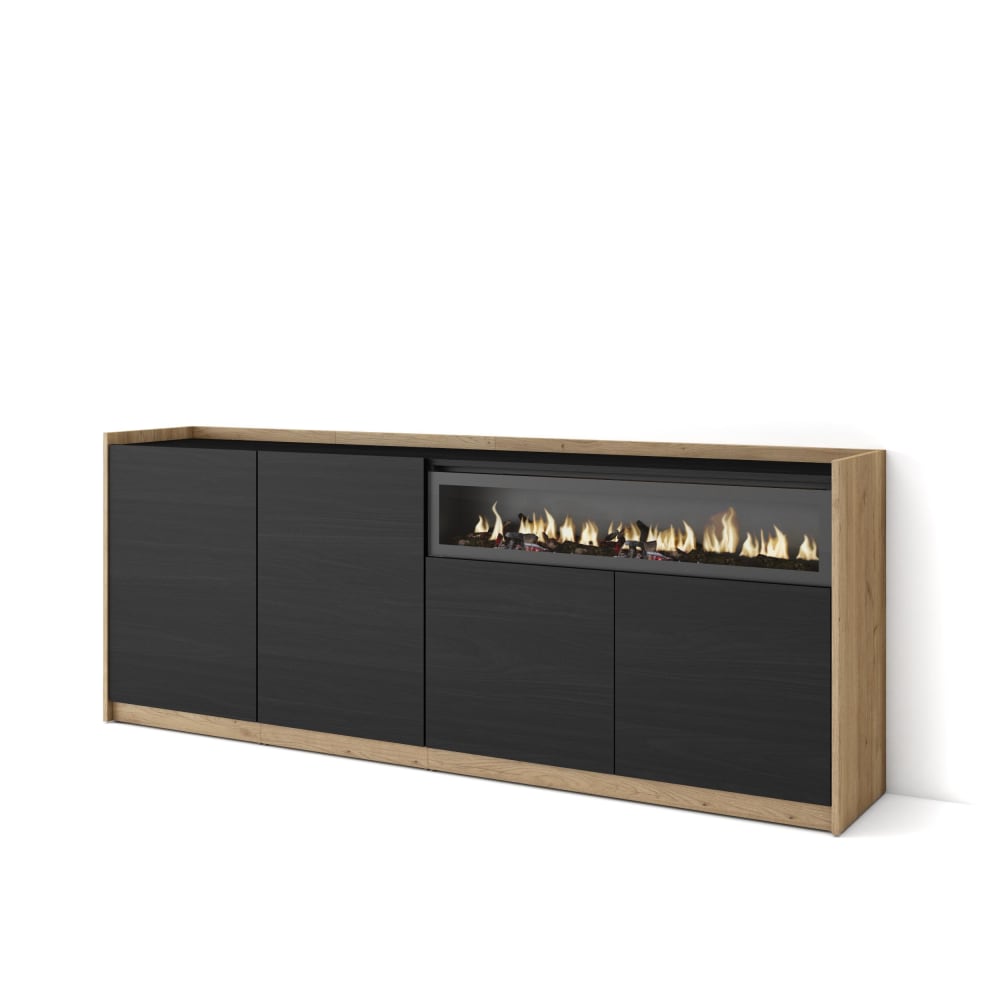 Buffet effet bois noir et chêne 207x37x80cm cheminée effet feu