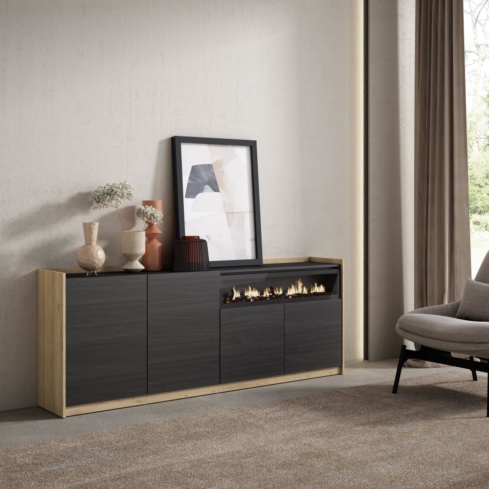 Skraut home Sideboard Holzeffekt schwarz eiche 210x37x80cm Kamin mit Feuereffekt style modern - Spanplatte