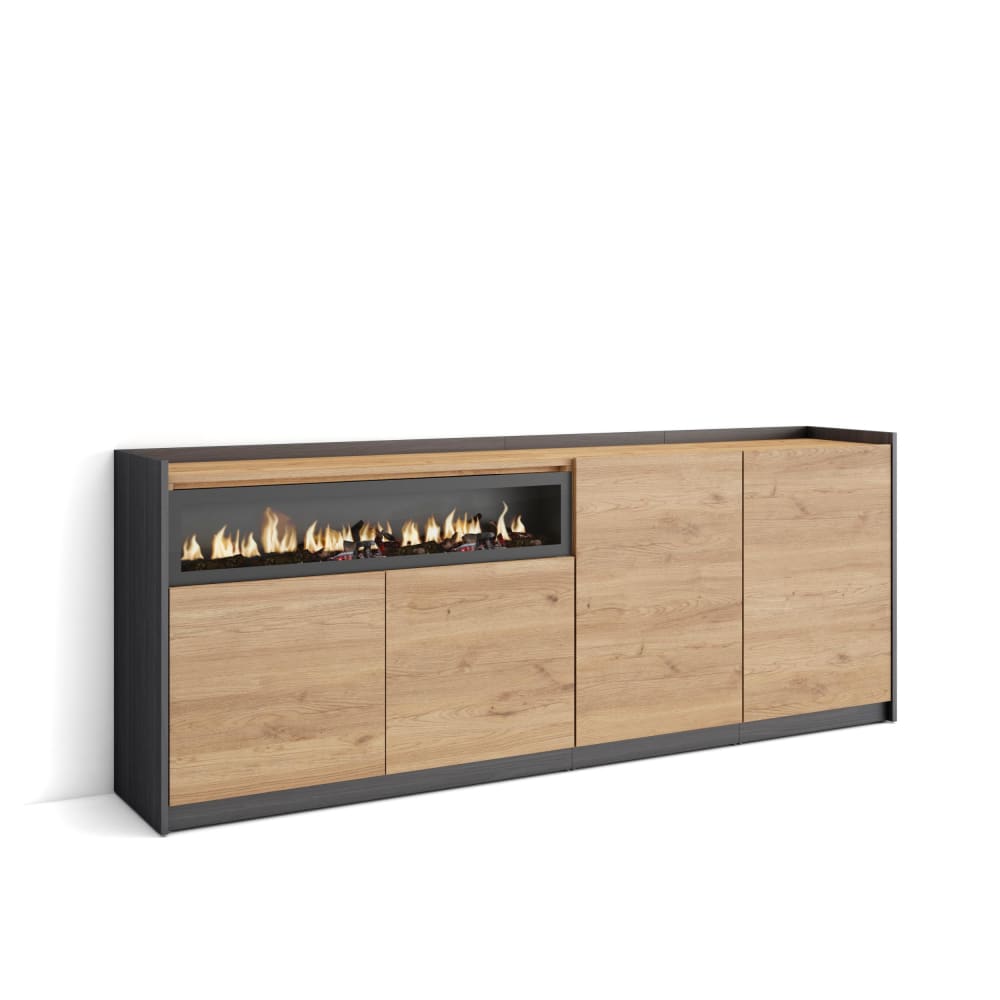 Buffet effet bois de chêne et noir 210x37x80cm cheminée effet feu