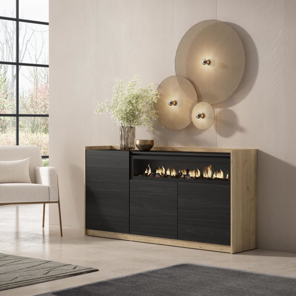 Skraut home Sideboard Holzeffekt schwarz eiche 157x37x80cm Kamin mit Feuereffekt style modern - Spanplatte