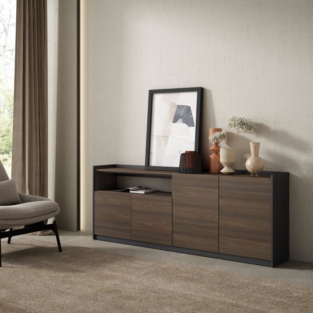 Skraut home Sideboard Holzeffekt dunkle Eiche und schwarz 210x37x80cm style modern Braun Spanplatte