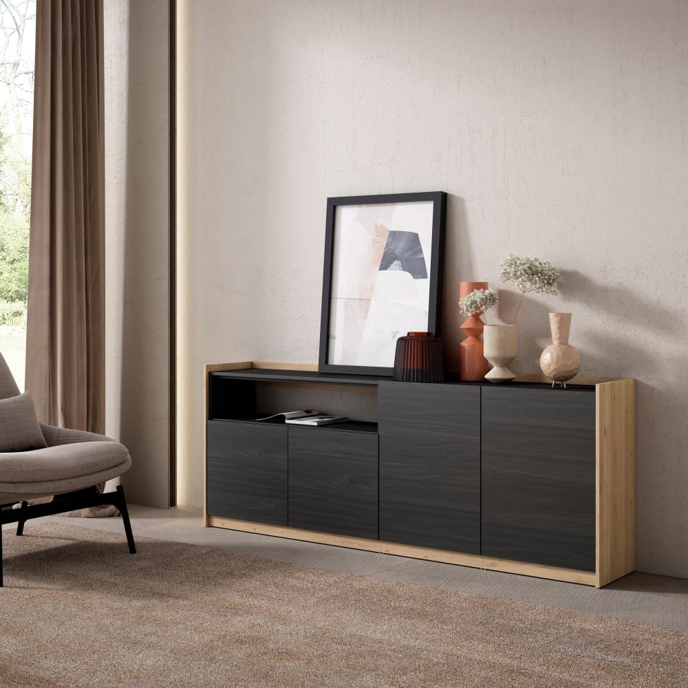 Skraut home Sideboard Holzeffekt schwarz und eiche 210x37x80cm style modern - Spanplatte
