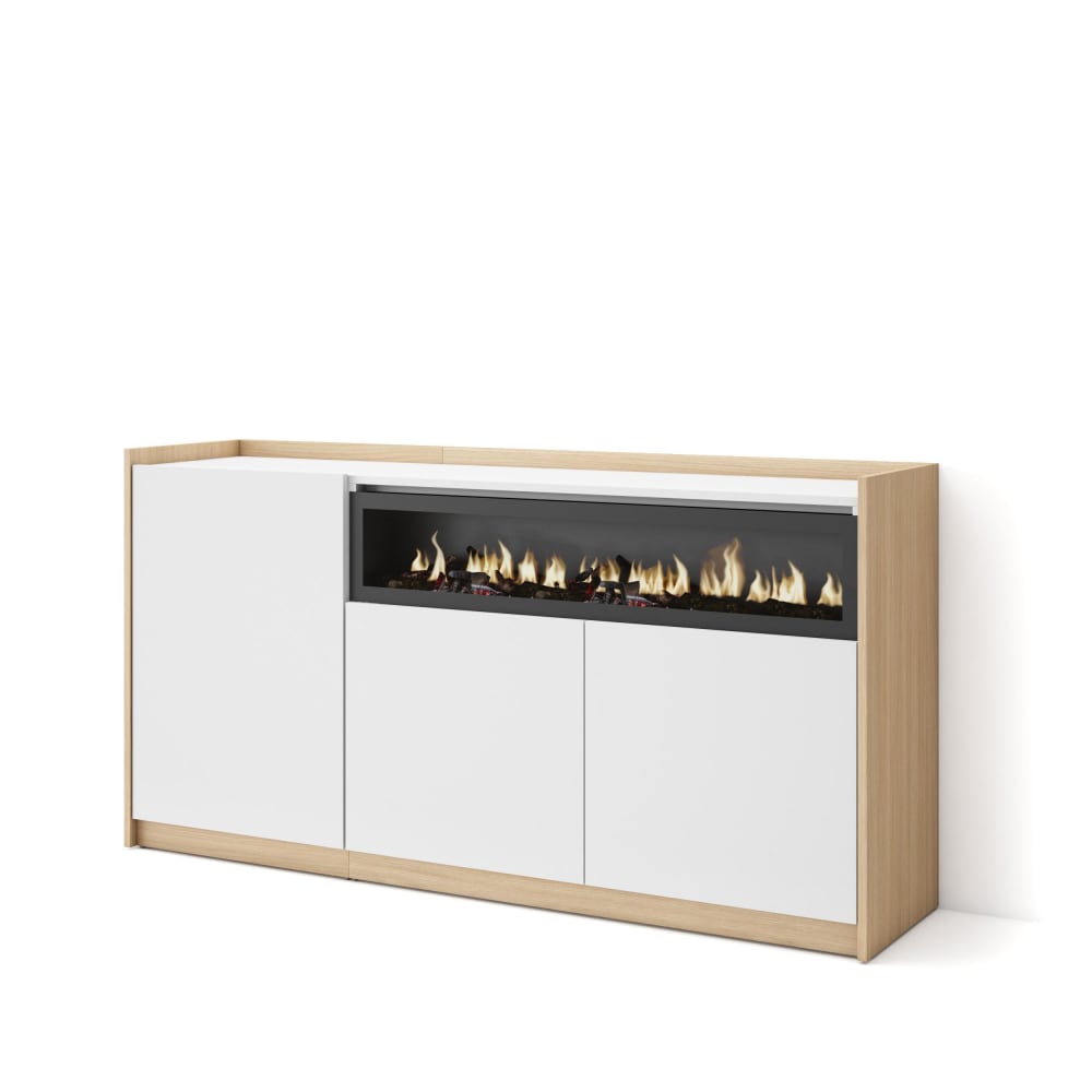 Buffet effet bois blanc et chêne 157x37x80cm cheminée effet feu