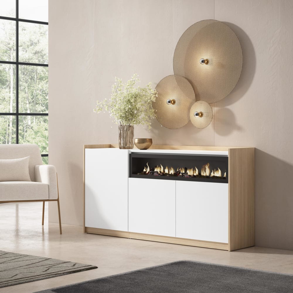 Skraut home Sideboard Holzeffekt weiß soft eiche 157x37cm Kamin mit Feuereffekt style modern - Spanplatte