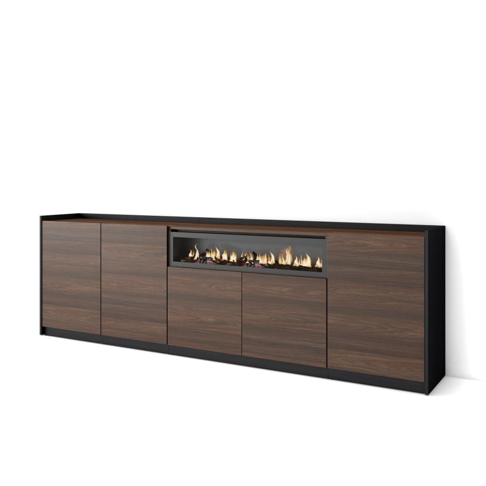 Buffet effet bois de chêne foncé noir 263x37x80cm cheminée effet feu