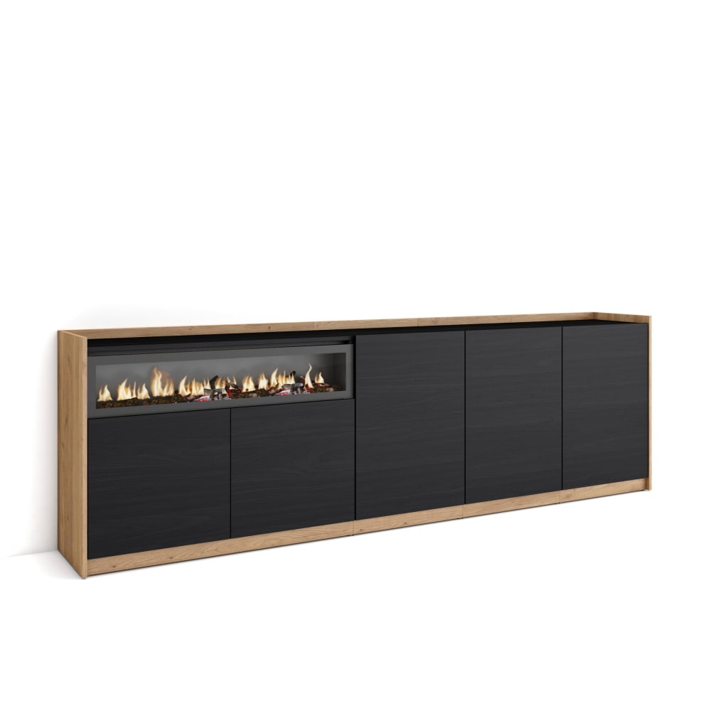 Buffet effet bois noir et chêne 260x37x80cm cheminée effet feu