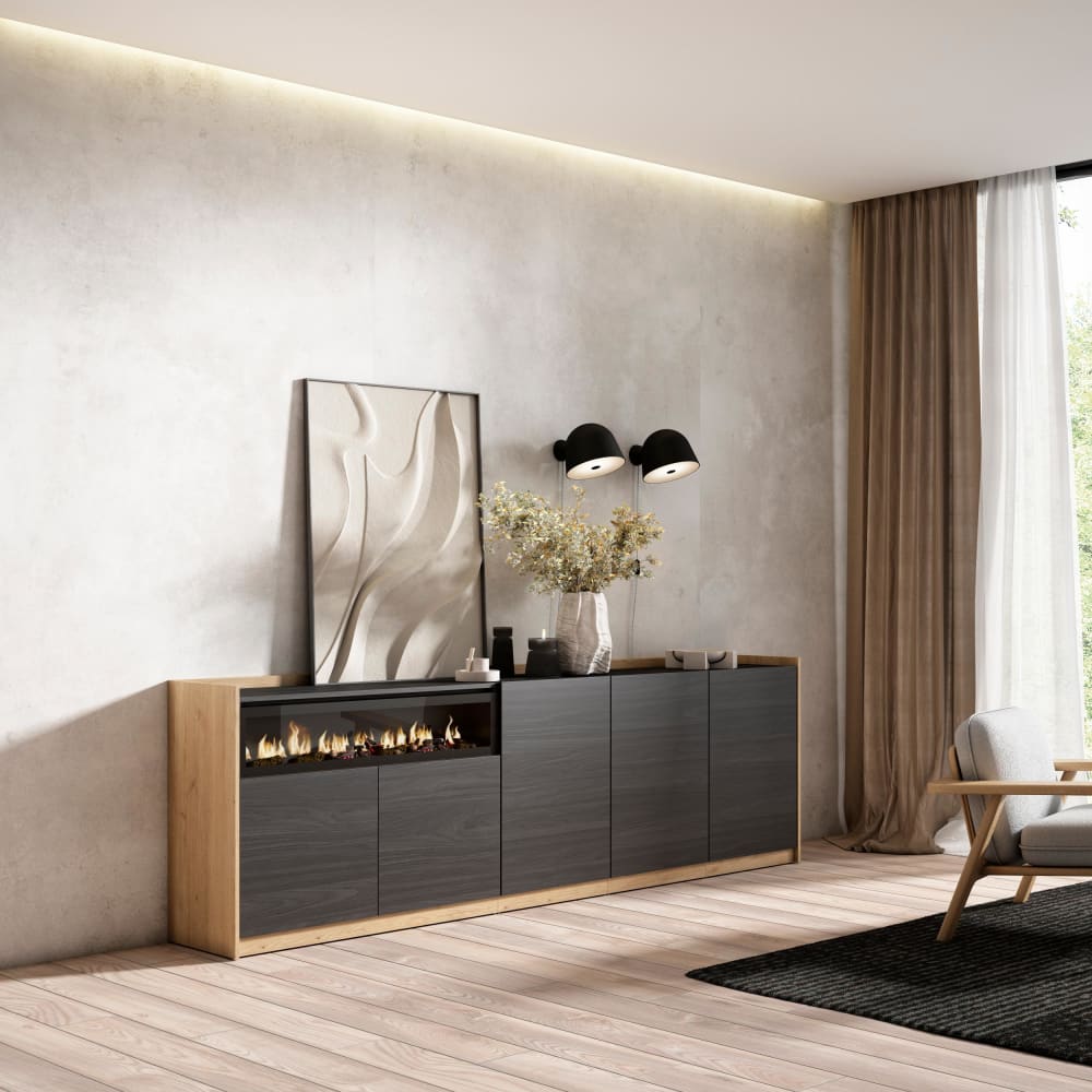 Skraut home Sideboard Holzeffekt schwarz eiche 263x37x80cm Kamin mit Feuereffekt style modern - Spanplatte